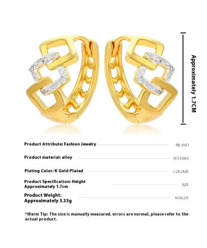 Gold geometric hollow-out alloy stud earrings on a plain background.