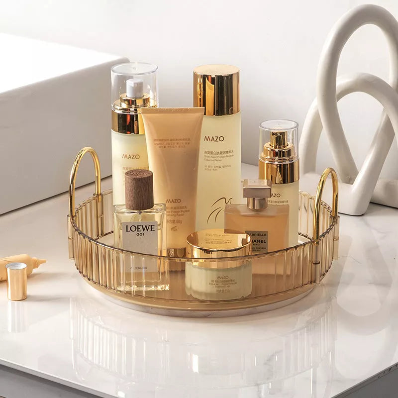 3-layer rotating cosmetic shelf in green, yellow, or white for bathroom organization