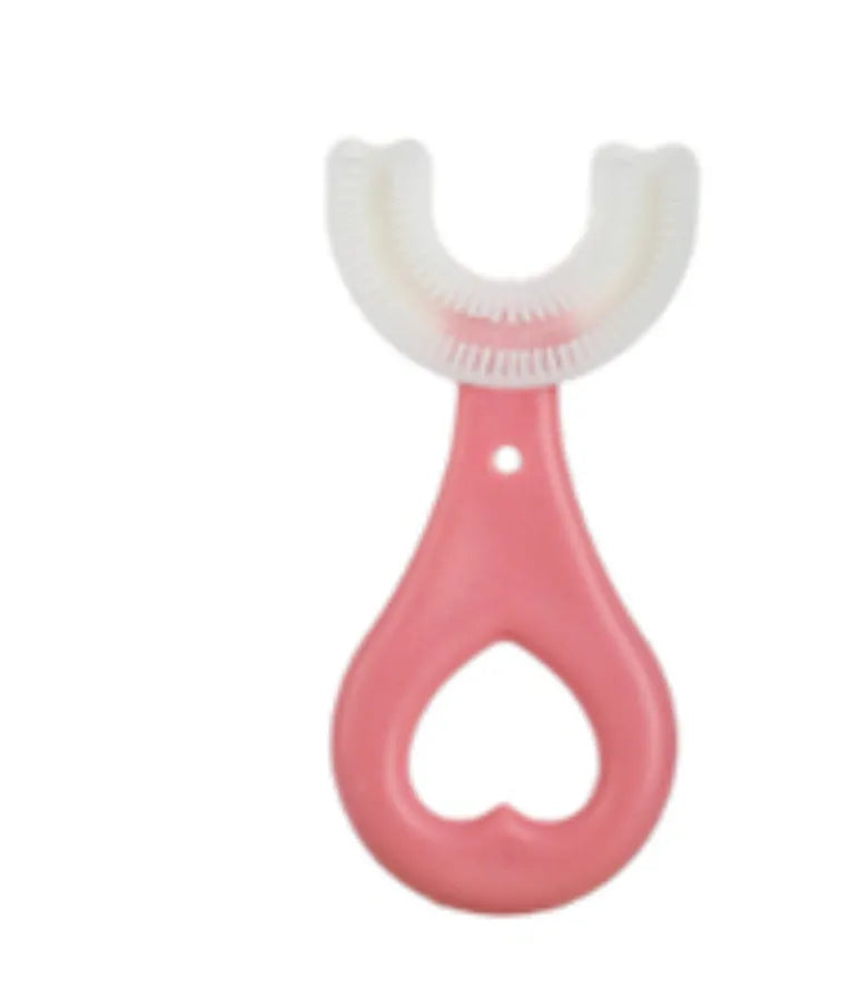 Children's U-shaped soft rubber toothbrush in pink and blue colours.