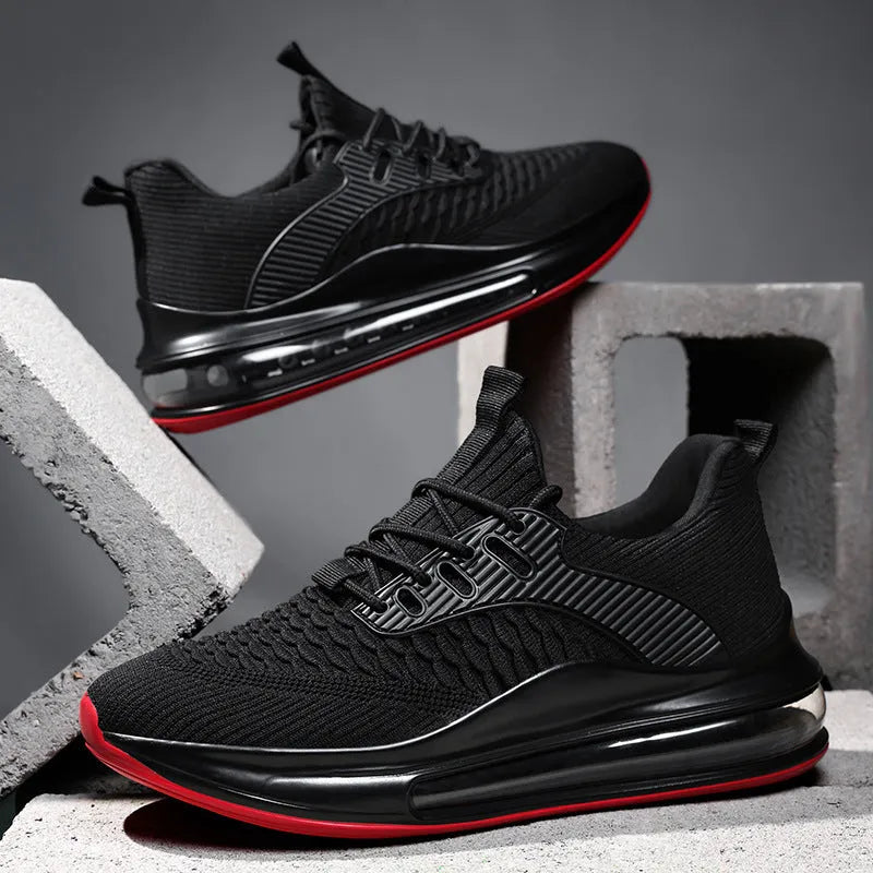 Men's black low-top mesh running shoes with lace-up front and platform sole.