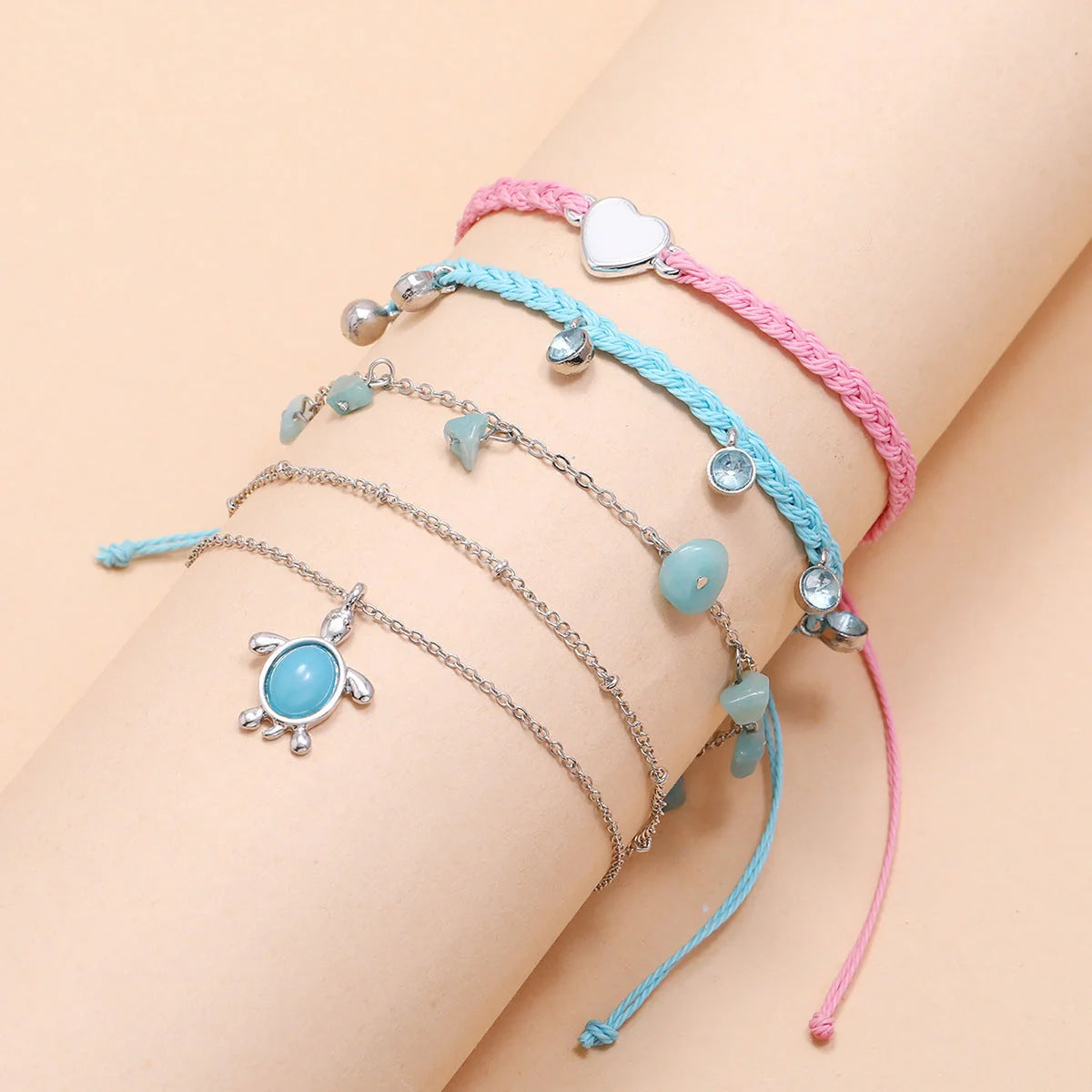 Hand-woven blue alloy anklet with geometric design, color code S0883