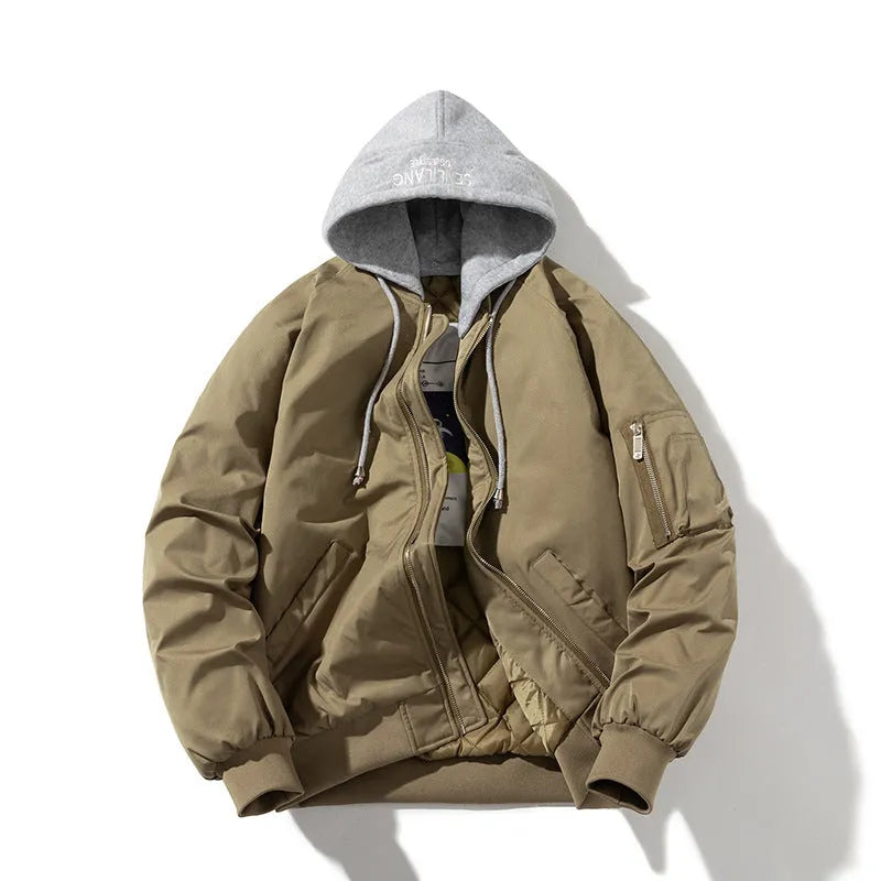 Pilot jacket loose-fitting large size men's coat with polyester fibre blend fabric in black, beige, or green colours available in sizes M to 5XL for daily casual wear with cotton lining hat options