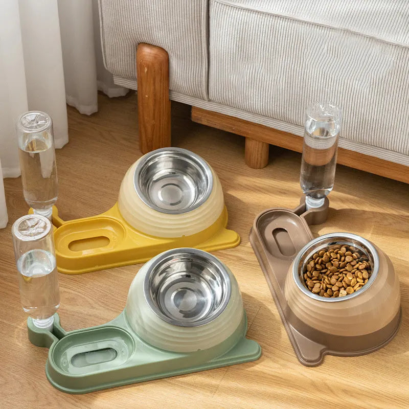 Brown elevated automatic water and food bowl set for cats and small dogs on a wooden floor.