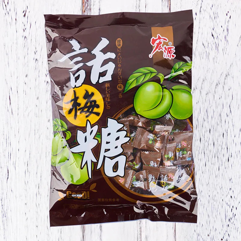 Resealable bags of Plum Sugar, Guava, and Tangerine Peel flavoured hard candy from an assortment pack.