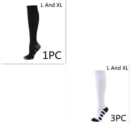 Athletic compression socks with three-bar design in black, pink, and white