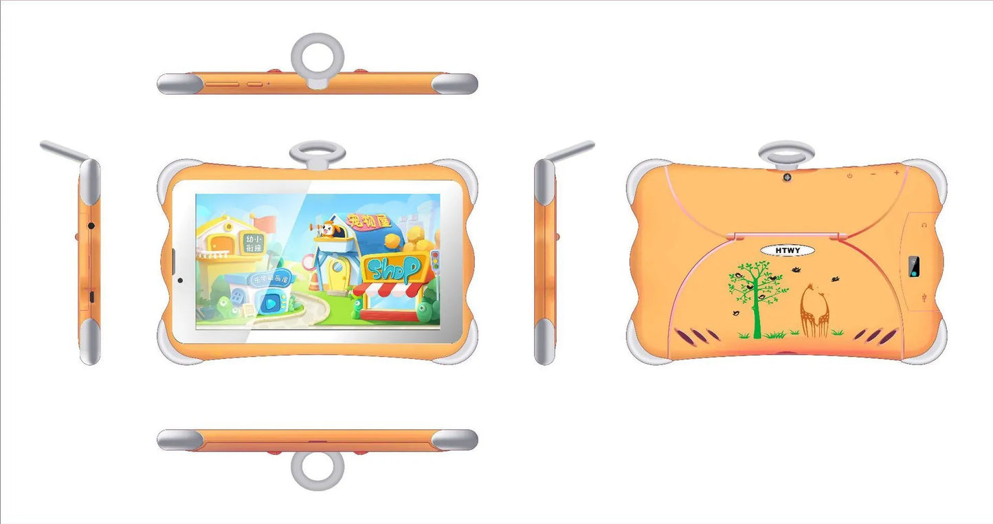 A 7-inch children's learning tablet in a cartoon colour, shown with its stand, charger, and cable.