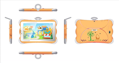 A 7-inch children's learning tablet in a cartoon colour, shown with its stand, charger, and cable.