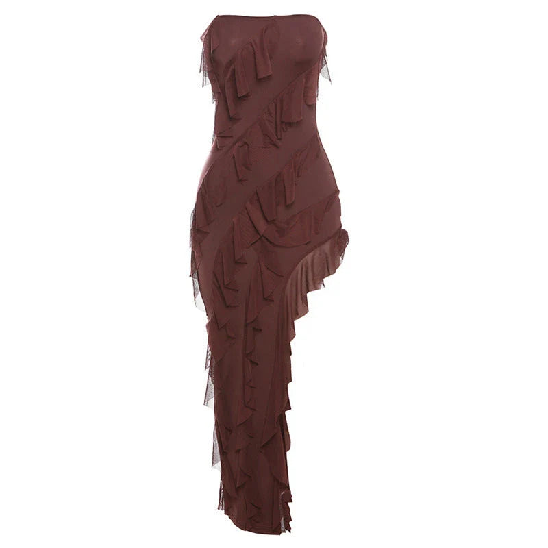 Backless cocktail dress with tassel and split details, available in various colors including black, wine red, red, and brown