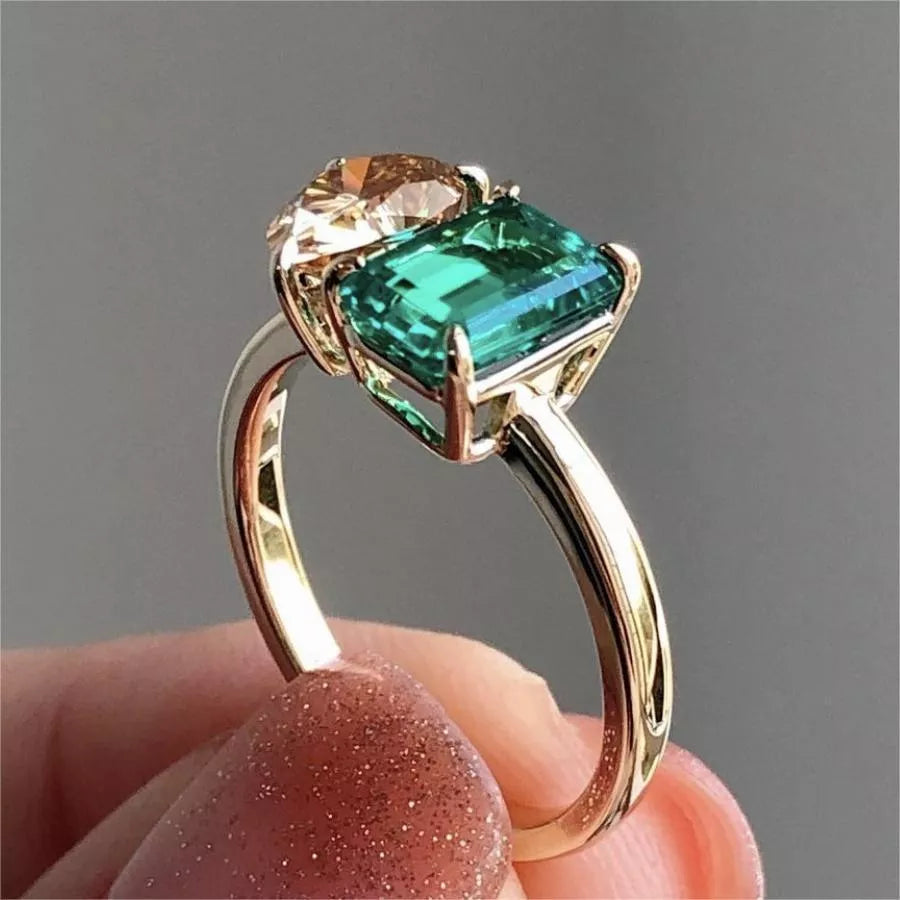 Gold double stone green yellow zircon square ring for women