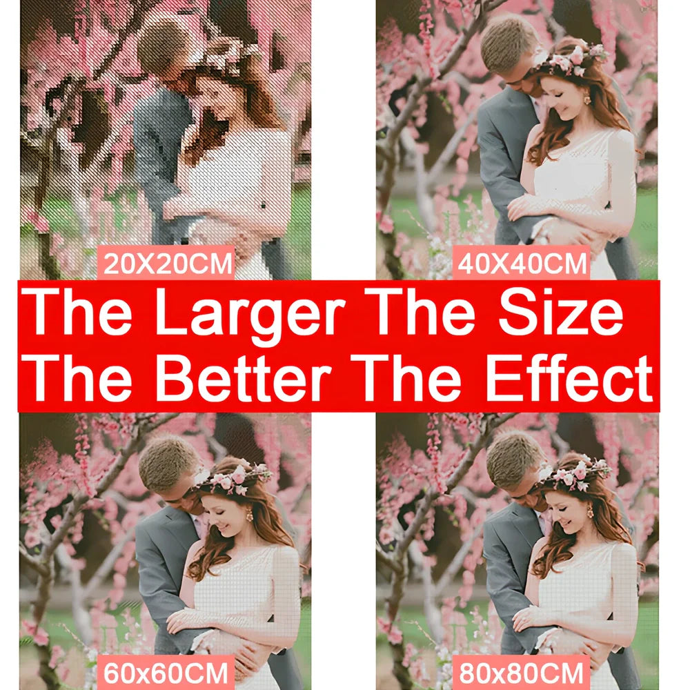 Diamond painting DIY kit showing five consecutive 70x35cm oil-on-canvas artworks with diamond application in progress