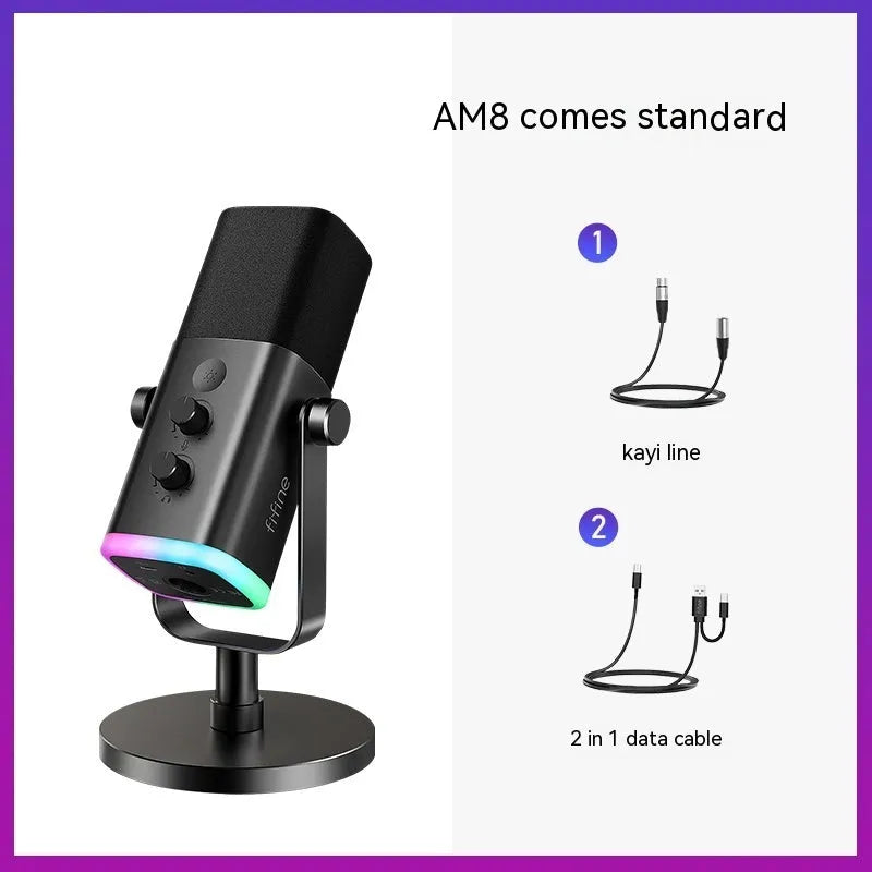 Dynamic noise reduction microphone in AM8 Black with BM63 white bracket, showing XLR cable and base
