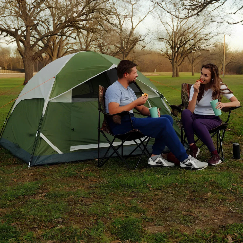 Orange two-person hiking tent with fiberglass poles showing 213cm length and waterproof construction