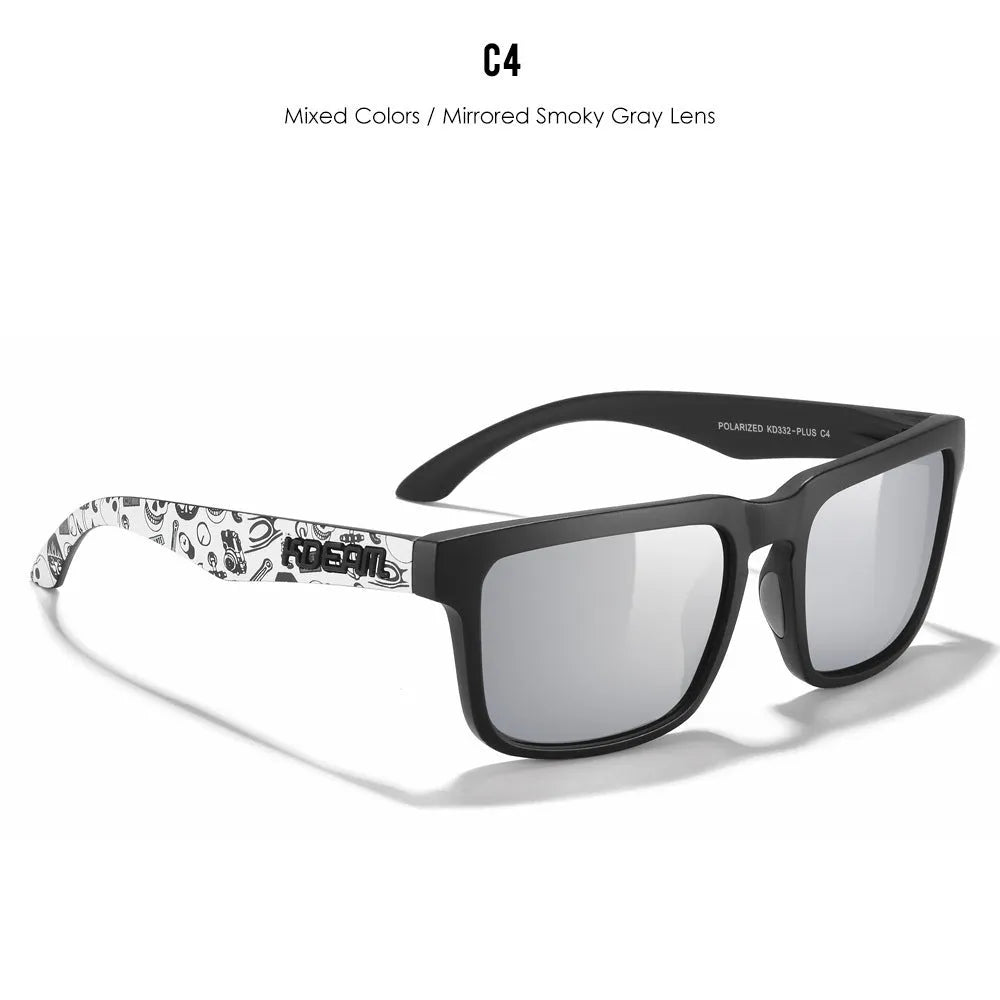Square polarised sunglasses with TAC lenses and a PC frame, shown in one of 12 available colour options.