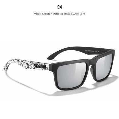 Square polarised sunglasses with TAC lenses and a PC frame, shown in one of 12 available colour options.