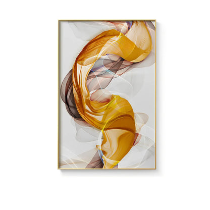 Three-piece abstract canvas painting set with yellow grey design in solid wood frame on white wall