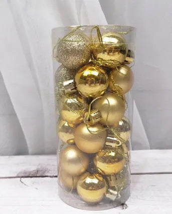 Assortment of 3cm diameter gold, red, silver, and blue barrel-shaped Christmas baubles with an electroplated finish.
