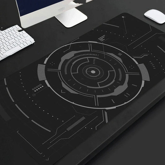 Full black extended mouse pad showing complete desktop coverage for keyboard and mouse placement