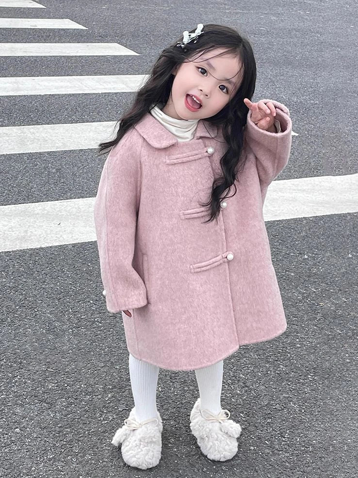 Reversible peach pink woolen coat for girls with Korean style design and cotton fabric