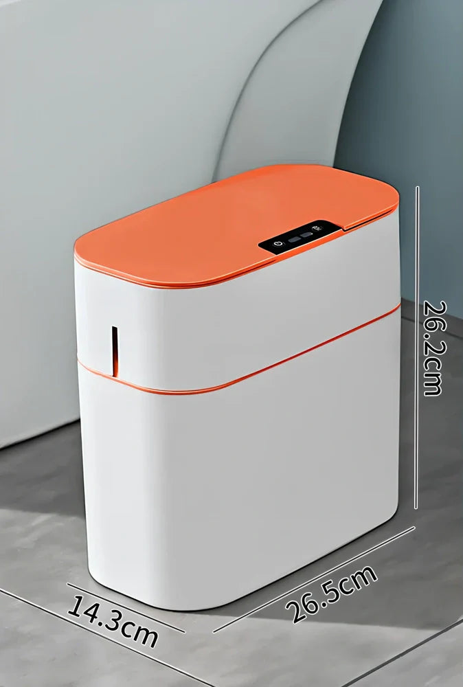 Automatic electric trash bin with infrared sensor opening, available in azure blue, white, and four other colours