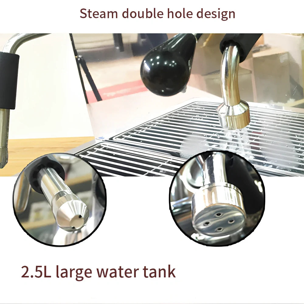 Full semi-automatic espresso machine in silver, 280mm wide with steam wand and UK plug for home brewing