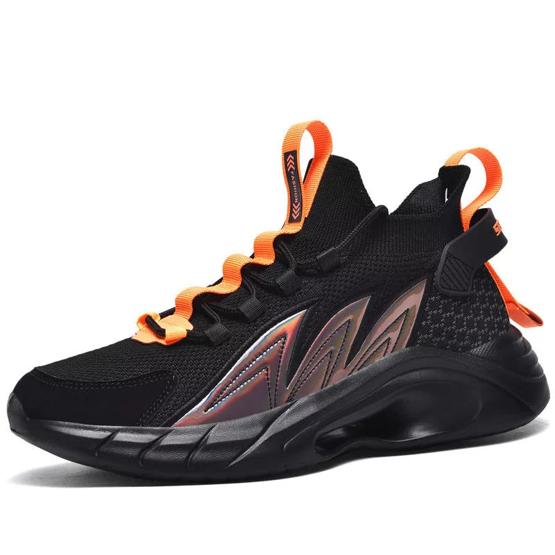 Men's Ultralight Flying Woven Breathable Sequin Lace-up Shoes in Black, White moon, and Black orange