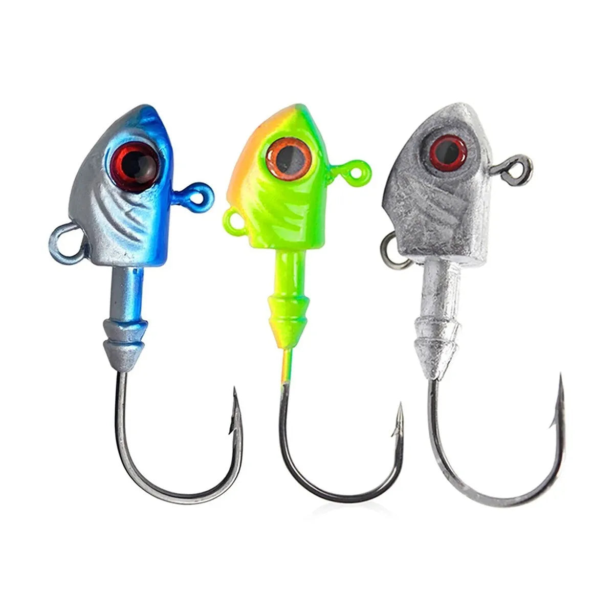 Pack of three Yayu shaped lead head fishing lures in Blue, Sliver or Yellow colour.