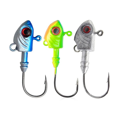 Pack of three Yayu shaped lead head fishing lures in Blue, Sliver or Yellow colour.