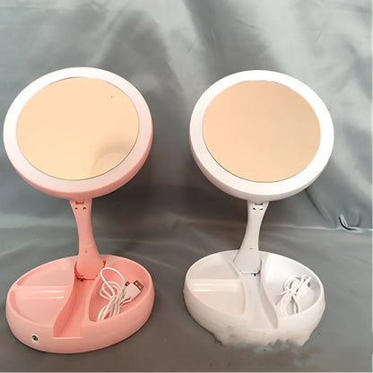 White folding LED makeup mirror showing dual magnification sides and compact storage design