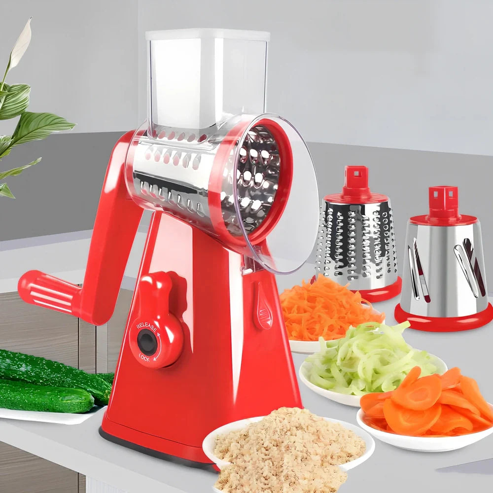 White plastic hand drum vegetable cutter slicer showing drum mechanism for even 0.5 cm vegetable slices, compact 20 cm size