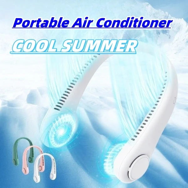Hands-Free Rechargeable Neck Fan in white, pink, green, and blue with bladeless design