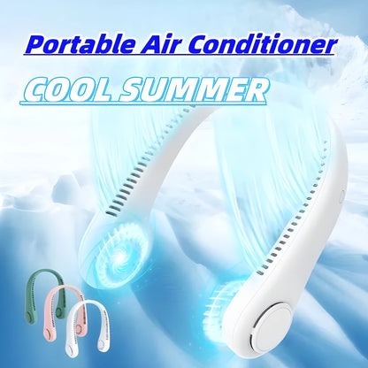 White rechargeable neck fan worn around neck with bladeless design and USB charging