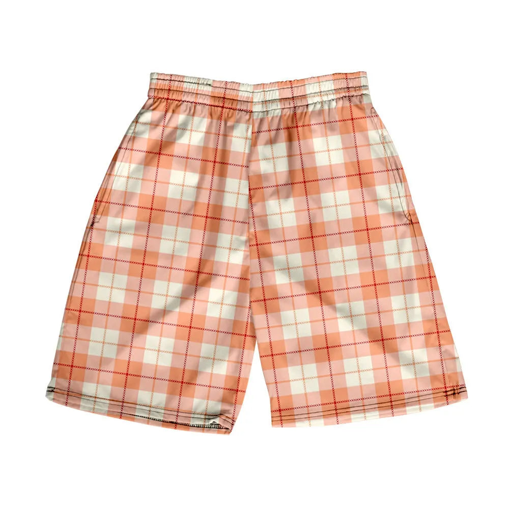 Men's plaid pattern casual shorts with an elastic waistband, shown in a straight leg design.