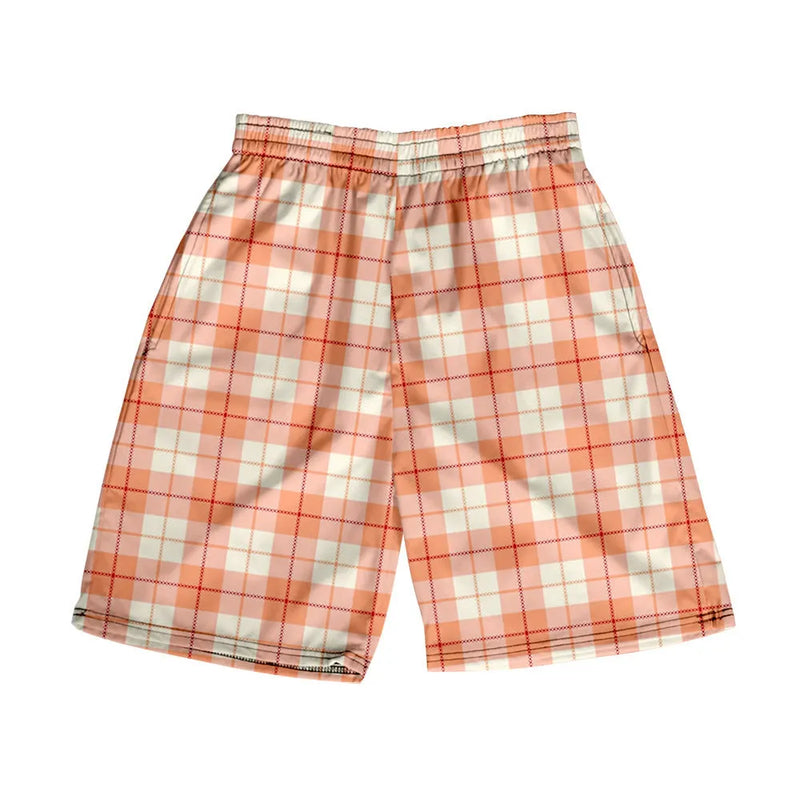 Men's plaid shorts, casual straight leg beach pants made from polyester fabric with digital printing, available in multiple colours and sizes including S, M, L, XL, XXL, XXXL, and XXXXL.
