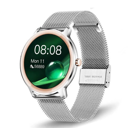 Women's smart watch with stainless steel wristband and 1.3 inch touch screen showing display interface