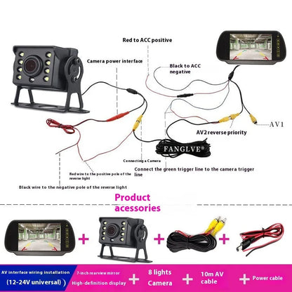 7-inch car monitor and reversing display with camera and video cable, TFT screen, ABS housing, desktop or rearview mirror fitting.