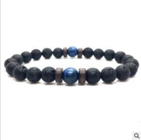 Stylish men's bracelet made with natural volcanic stone, flash stone, and wood chip in a geometric, mosaic-like design