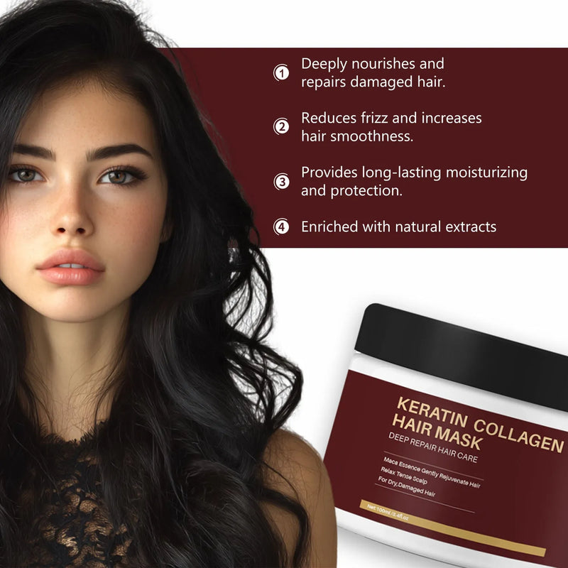 Collagen hair mask for dry hair, 100ml tub, moisturising and repairing treatment that strengthens and thickens hair, anti-hair loss formula in deep conditioning mask format for home hair care