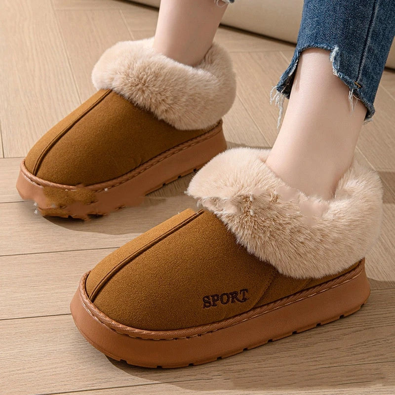 Cozy plush slippers for women with soft faux fur lining, non-slip platform, and comfortable fit for indoor wear