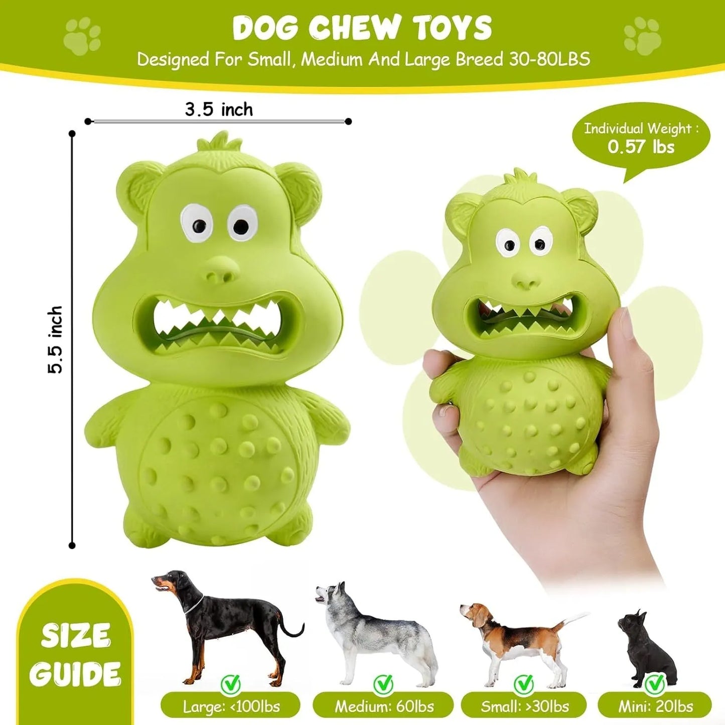 Green and yellow natural rubber dog toy for aggressive chewers with rounded design