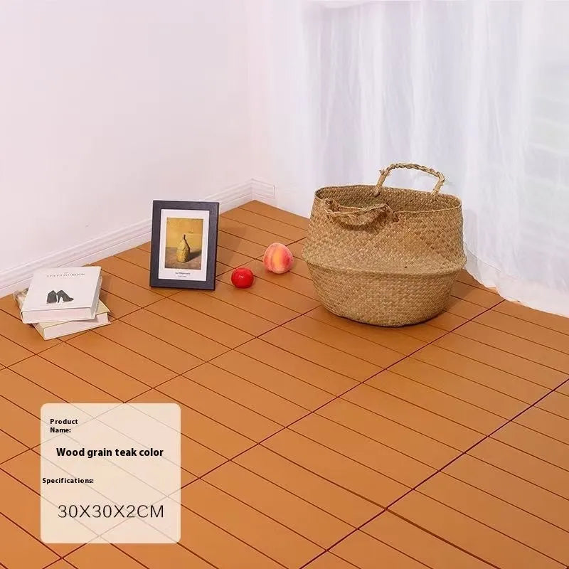 Plastic floor tiles with wood grain pattern showing 300x300mm dimensions and 23mm thickness profile