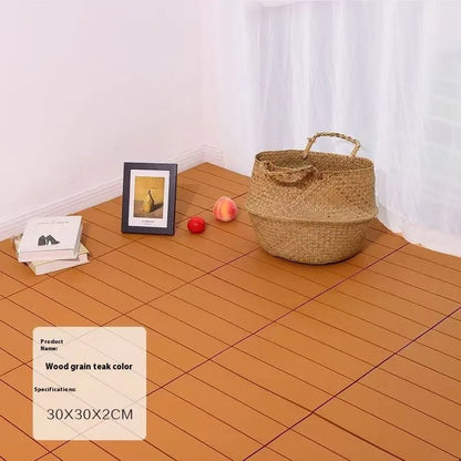 Plastic floor tiles with wood grain pattern showing 300x300mm dimensions and 23mm thickness profile