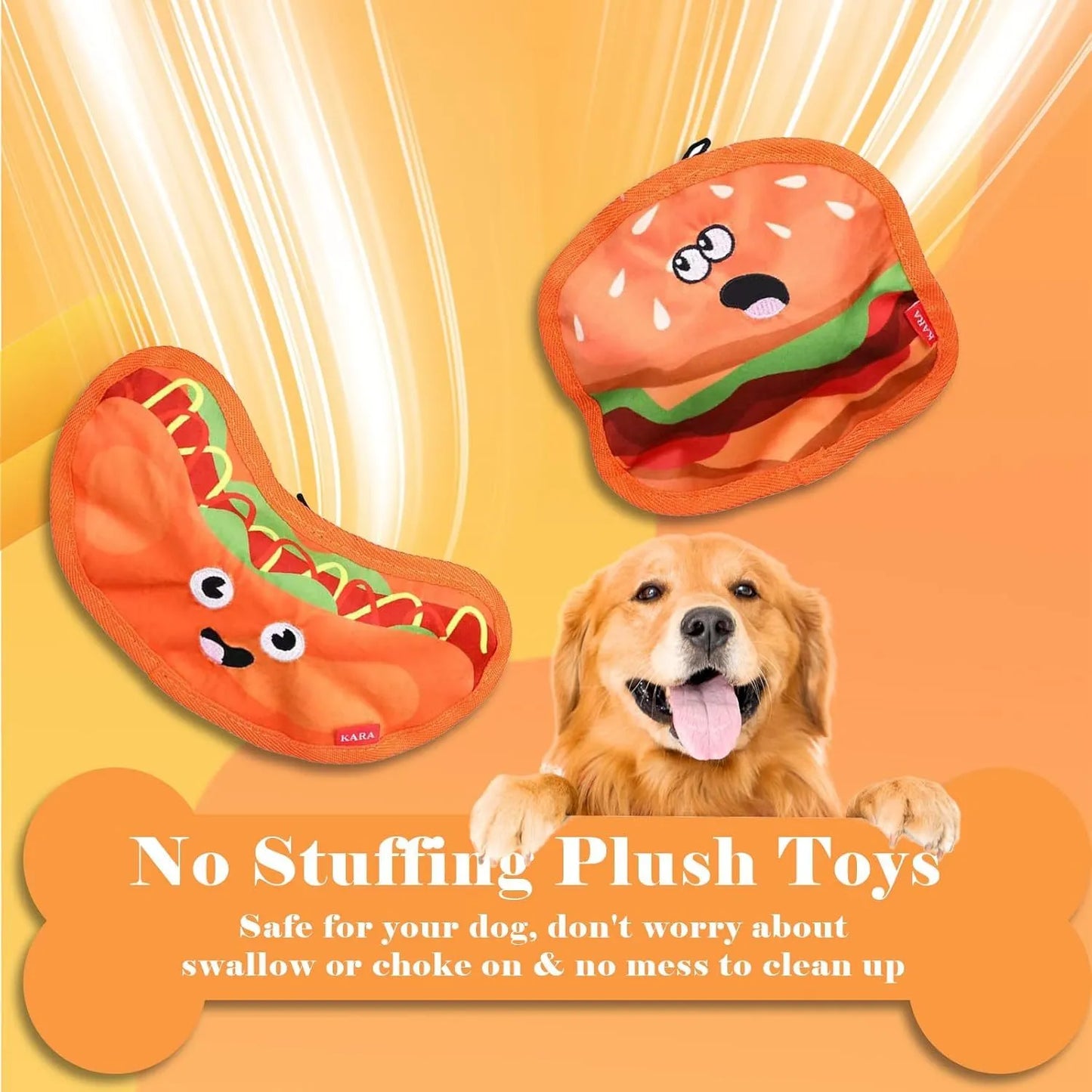 Food-themed crinkle and squeak dog toy in hamburger design for interactive play