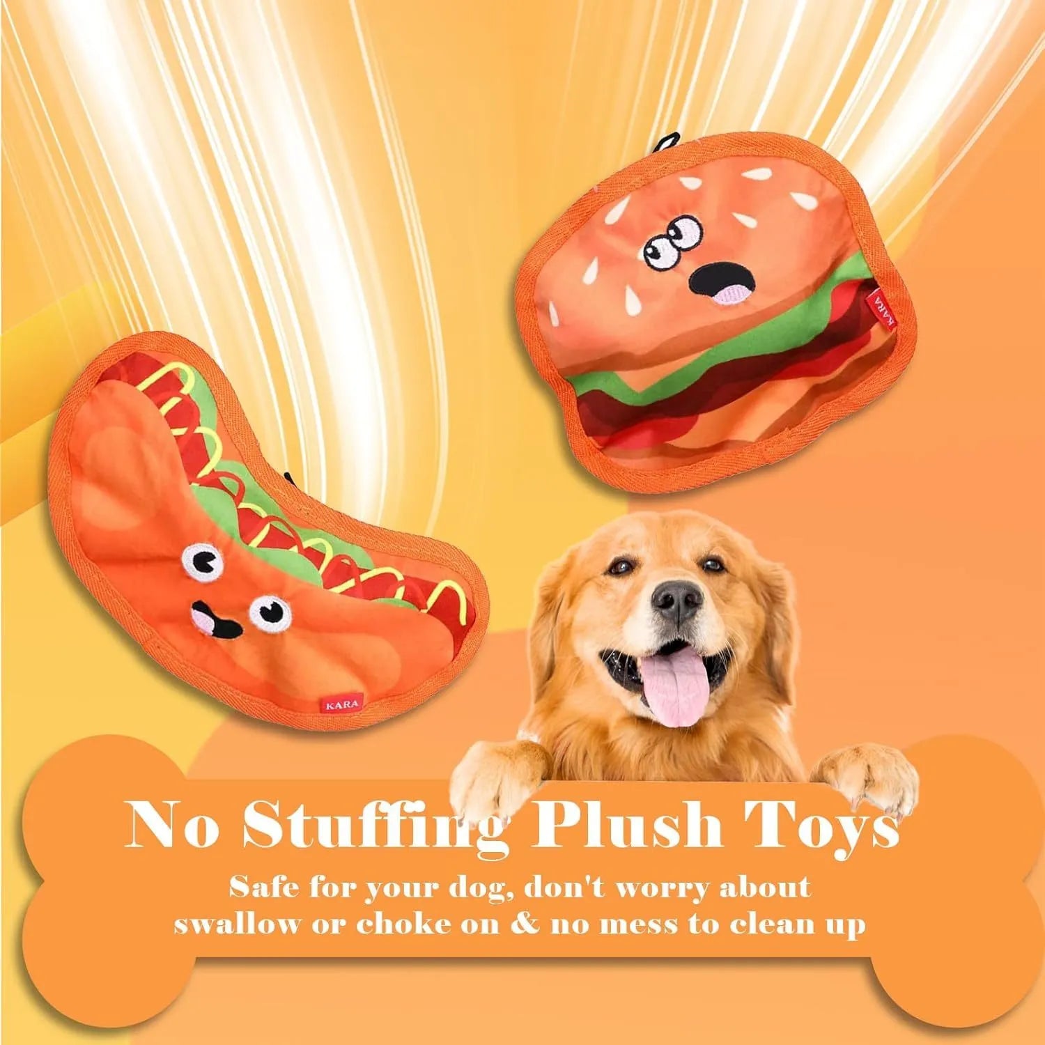 Food-themed crinkle and squeak dog toy in hamburger design for interactive play