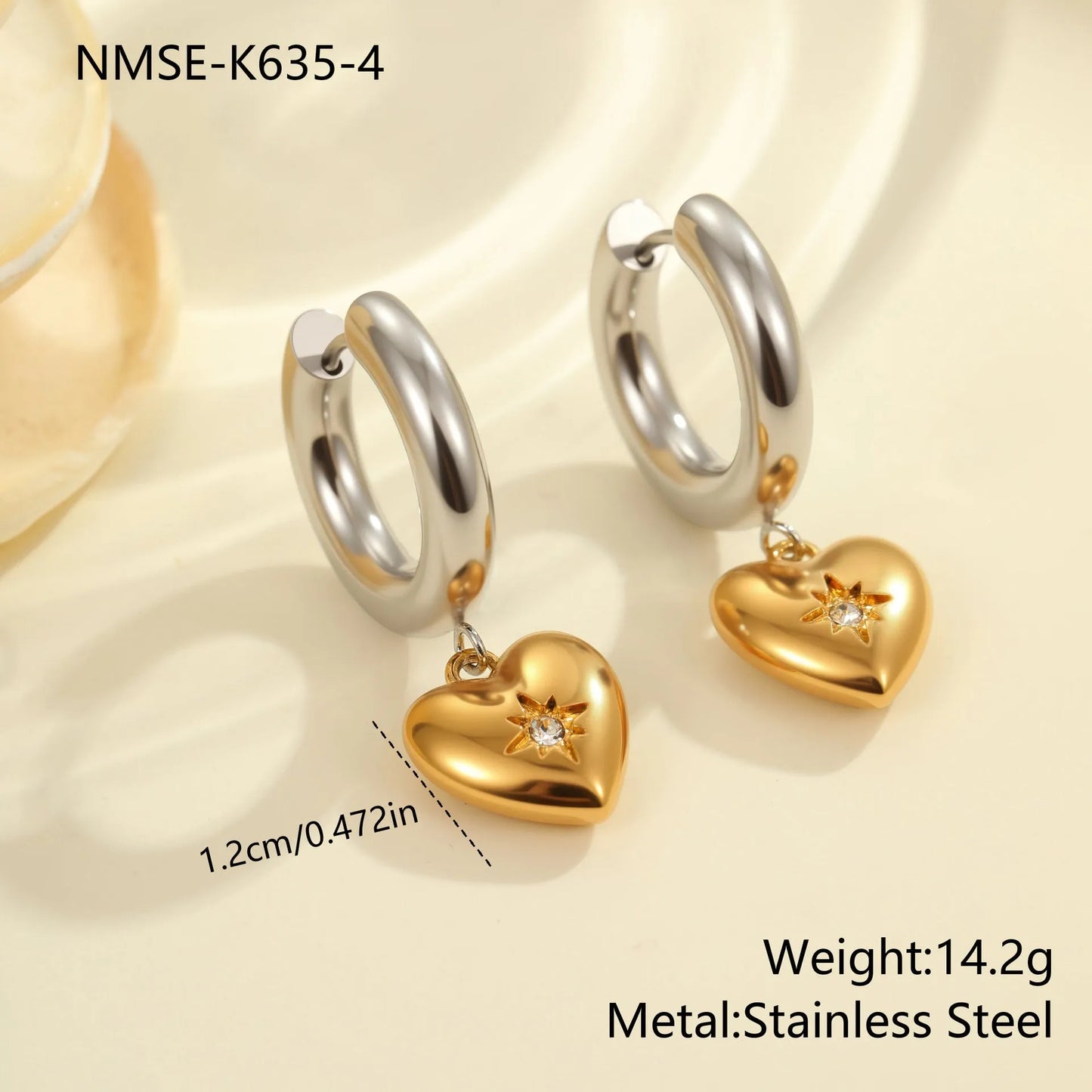 Stainless steel Christmas tree earrings with 18K gold electroplating in heart and star shapes