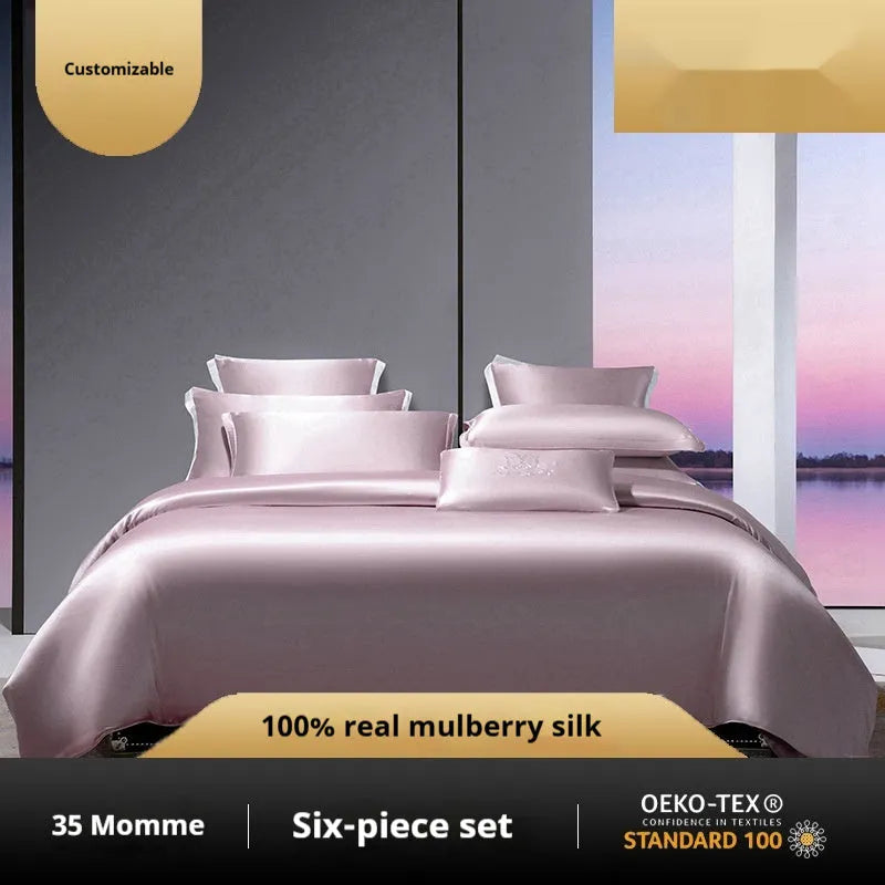 Household Fashion silk four-piece quilt cover set in solid colour showing 100% silk material texture and light luxury design