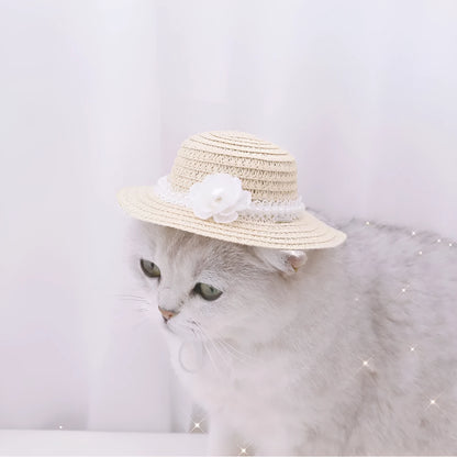 Handmade adjustable bowknot paper hat for a dog or cat, shown in a cartoon style with an elastic fastening loop.