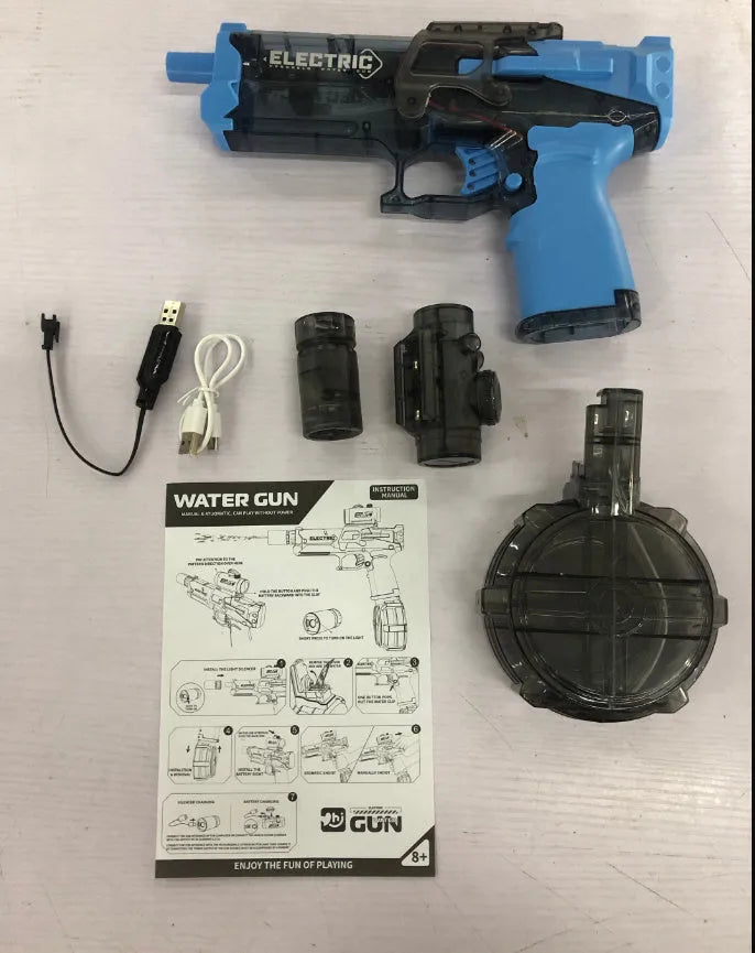 Black and blue electric water pistol toy with LED lights, shown with USB charging cable.