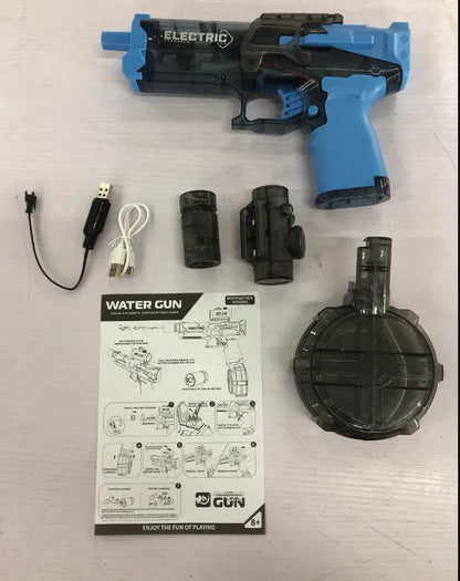 Black and blue electric water pistol toy with LED lights, shown with USB charging cable.