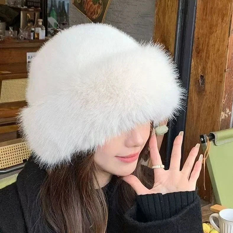 Plush Mongolian faux mink fur winter hat with dome top design in milky white colour