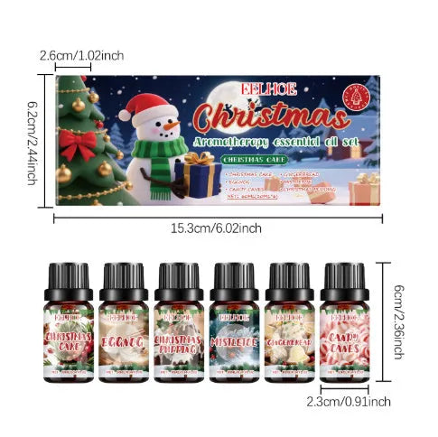 Christmas aromatherapy oil set showing six 60ml bottles with festive packaging for home fragrance